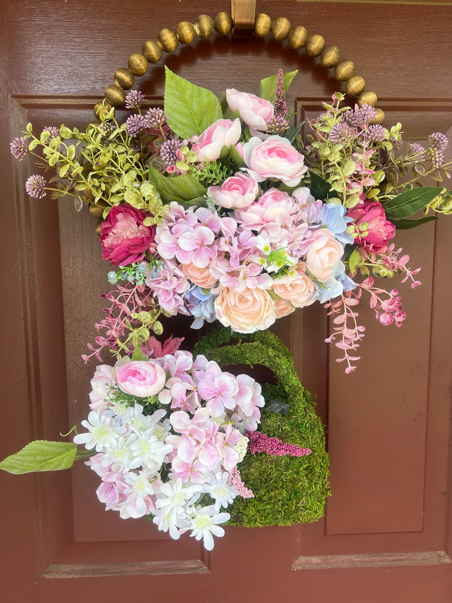 Stained Wooden Bead Sign with Faux Moss Floral Purse