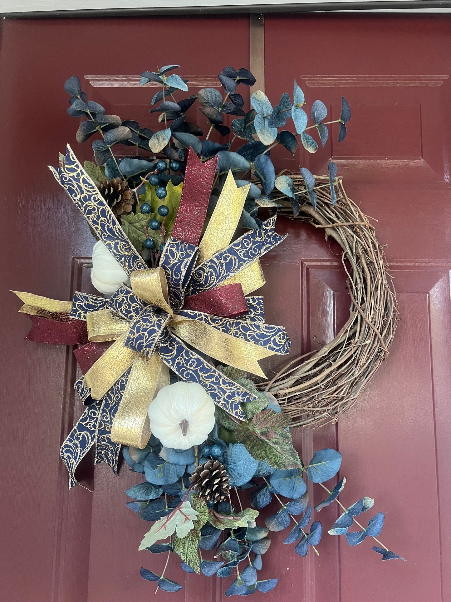 Navy Blue Square Wreath with matching Grapevine Wreath